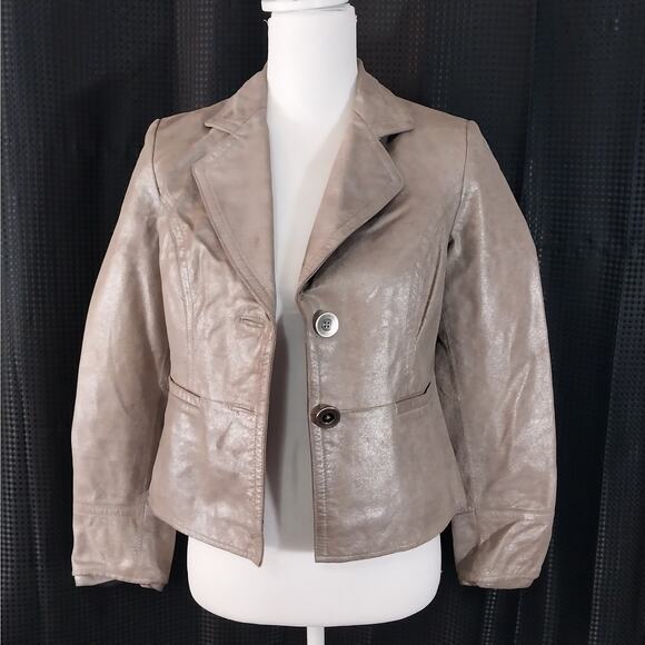 I.E.! GOLDEN TAN/BEIGE SHIMMER, FINE GENUINE LEATHER CROPPED JACKET, COAT! SZ S - Picture 3 of 12